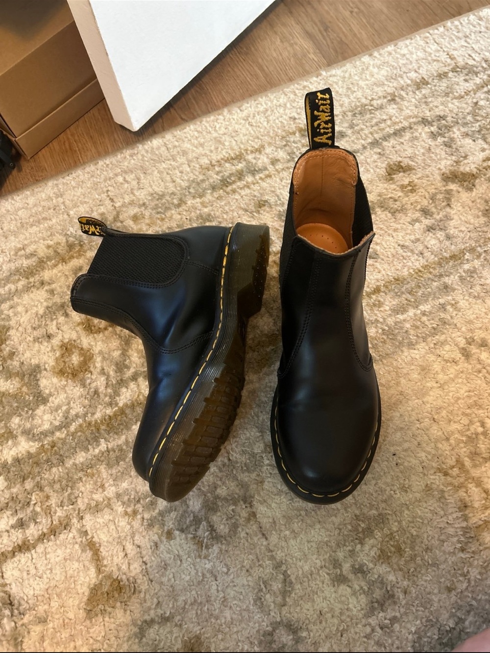 Dr. Martens Black Leather Chelsea Boots with Yellow Stitching and Pull Tabs